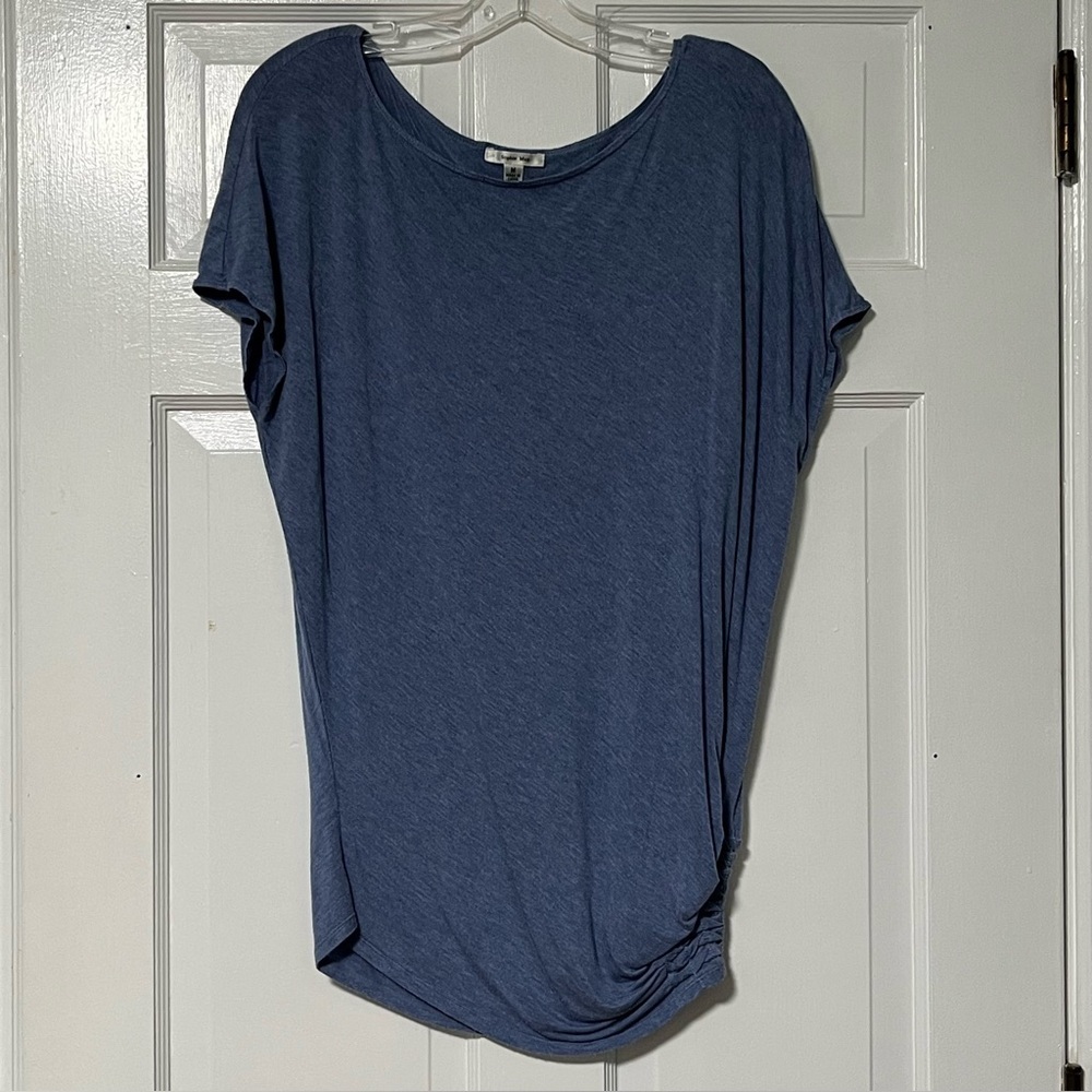 Sophie Max Casual draped heathered Blue Short cap Sleeve ruched knit Tee top